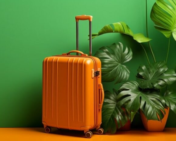 Oranger Koffer vor Pflanzen und grüner Wand