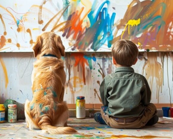 Hund und Junge haben Wand angemalt