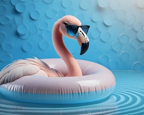 Flamingo mit Sonnenbrille im Schwimmreifen