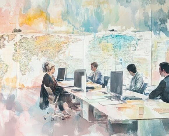 Menschen im Büro mit Weltkugel an der Wand