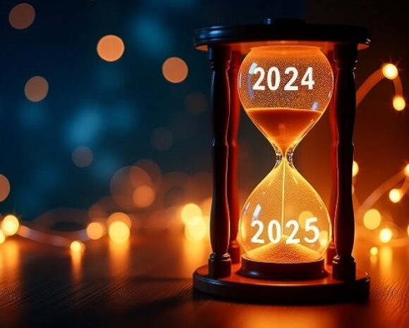 Sand läuft durch Sanduhr, von 2024 zu 2025