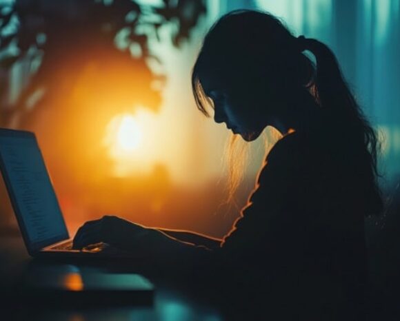 Frau arbeitet spätabends am Laptop