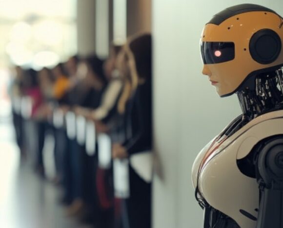 Roboter wartet auf Bewerbungsgespräch neben Menschen