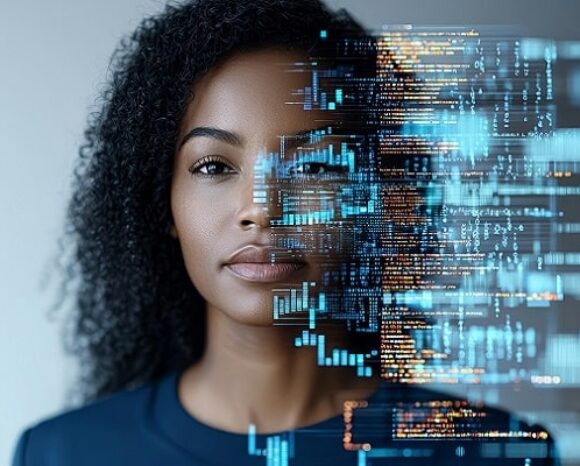 Frau schaut in KI-generierte Welt