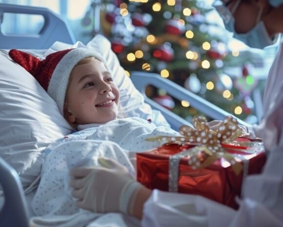Ärztin arbeitet an Weihnachten und überreicht einem Kind im Krankenbett ein Geschenk