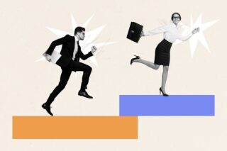 Rennende Frau und rennender Mann im Meetingstress