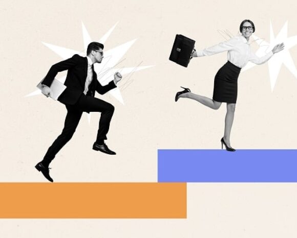 Rennende Frau und rennender Mann im Meetingstress