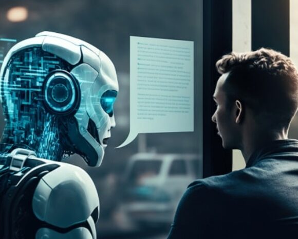 Mensch sitzt im Büro neben KI, die ihm hilft