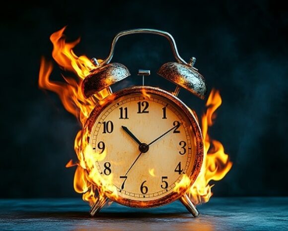 Brennende Uhr steht für Zeitverschwendung
