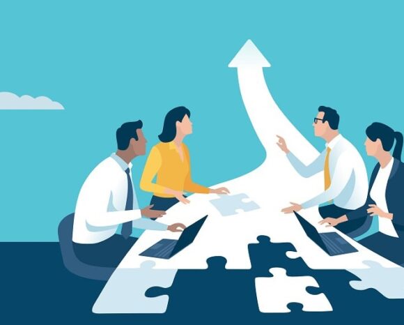 Illustration eines Teams, das gemeinsam an einem Puzzle arbeitet und symbolisch die Zügel in die Hand nimmt, um Führung zu übernehmen und den Weg nach vorn zu gestalten.