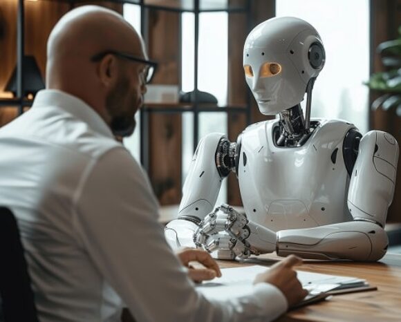 Ein humanoider Roboter mit leuchtenden Augen sitzt an einem Holzschreibtisch und interagiert mit einem glatzköpfigen Mann in weißem Hemd, der in ein Notizbuch schreibt. Im Hintergrund sind Bücherregale und ein großes Fenster zu sehen.