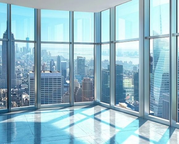 Geräumiges, modernes Zimmer mit raumhohen Glasfenstern, die einen Panoramablick auf die Skyline der Stadt bieten, wo die hohen Wolkenkratzer stolz unter dem klaren blauen Himmel stehen und die Essenz der Freiheit verkörpern.