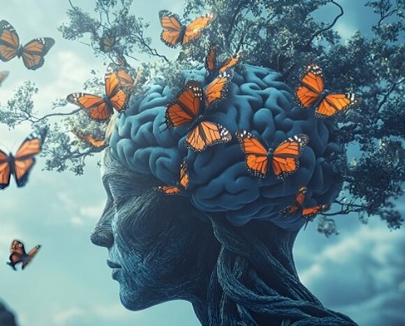 Ein surreales Bild eines menschlichen Kopfes mit freiliegendem Gehirn, das an einen prächtigen Wendelbaum erinnert. Äste erstrecken sich vom Gehirn, während Monarchfalter umherflattern. Der Hintergrund zeigt einen bewölkten Himmel, der die traumhafte Atmosphäre verstärkt.