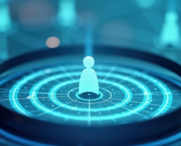 Eine leuchtende, abstrakte Figur steht im Zentrum eines digitalen konzentrischen Kreismusters und wird durch eine Lupe betrachtet. Das Bild ist in Blau gehalten und greift ein futuristisches, technologisches Thema auf.