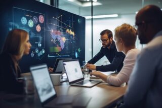Ein Team von Mitarbeitern sitzt um einen Tisch und vertieft sich in KI-Expertise, während sie auf dem großen digitalen Bildschirm Datenvisualisierungen und eine Weltkarte präsentieren. Vor ihnen stehen aufgeklappte Laptops, was ihr großes Engagement und ihren Teamgeist widerspiegelt.