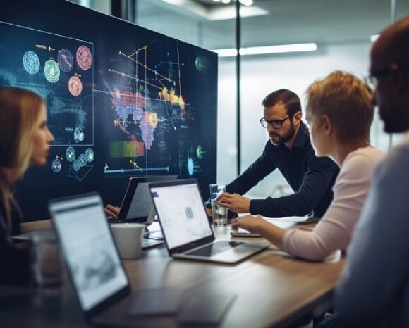 Ein Team von Mitarbeitern sitzt um einen Tisch und vertieft sich in KI-Expertise, während sie auf dem großen digitalen Bildschirm Datenvisualisierungen und eine Weltkarte präsentieren. Vor ihnen stehen aufgeklappte Laptops, was ihr großes Engagement und ihren Teamgeist widerspiegelt.
