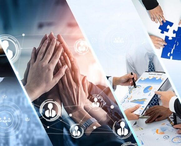 Eine Collage mit gefalteten Händen, Menschen, die an einem Puzzle arbeiten, und Diagrammen, die diskutiert werden, veranschaulicht die Dynamik der Belegschaft. Die Bilder sind durch diagonale Linien unterteilt, was Teamarbeit, Zusammenarbeit und Geschäftsstrategie suggeriert. Digitale Symbole überlagern Teile der Collage.