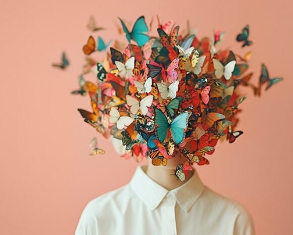 Aus einem Hemd fliegen viele bunte Schmetterlinge. Bild für Neurodiversität
