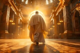 In reich verzierten Gewändern schreitet eine Person durch die große Kathedrale, die in goldenes Licht getaucht ist, das aus den großen Bogenfenstern strömt – eine heitere und majestätische Einführung in den heiligen Raum.