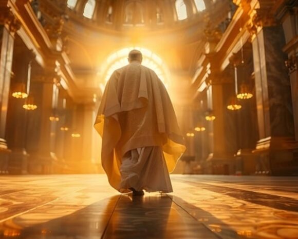 In reich verzierten Gewändern schreitet eine Person durch die große Kathedrale, die in goldenes Licht getaucht ist, das aus den großen Bogenfenstern strömt – eine heitere und majestätische Einführung in den heiligen Raum.