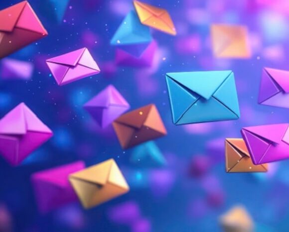 bunte Briefumschläge fliegen umher