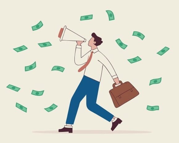 Mann spricht durchs Megafon und trägt Aktentasche, Geldscheine fliegen umher