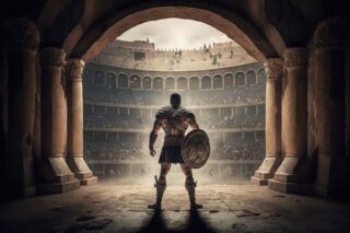Gladiator mit Kampfausrüstung vor Arena