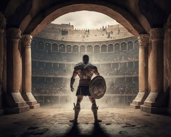 Gladiator mit Kampfausrüstung vor Arena