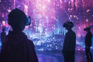 Menschen mit VR-Brillen in futuristischer blau-lila Umgebung