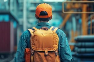 Ein ausländischer Mitarbeiter mit einem Rucksack geht in ein Lager zur Arbeit.