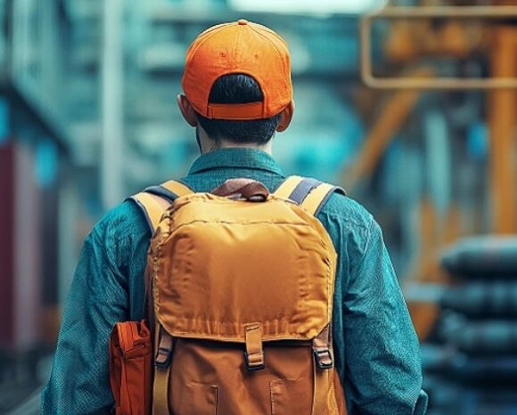 Ein ausländischer Mitarbeiter mit einem Rucksack geht in ein Lager zur Arbeit.
