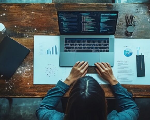 Frau sitzt am Laptop und erstellt eine Bewerbung mit Hilfe der KI.