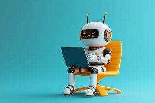 Roboter, der eine Künstliche Intelligenz darstellen soll, sitzt auf einem Stuhl und arbeitet am Laptop und stürzt HR in eine Identitätskrise.
