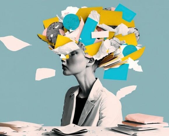 Frau hat den Kopf voller Gedanken, versucht Balance zu finden zwischen Arbeit und Leben