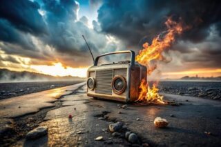 Brennendes Radio vor Gewitterhimmel, signalisiert Funkstille