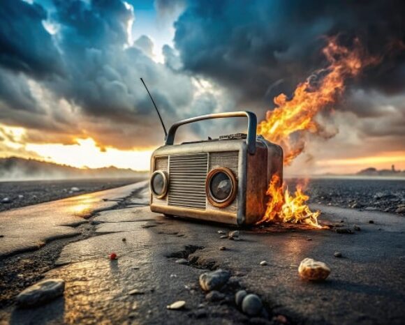 Brennendes Radio vor Gewitterhimmel, signalisiert Funkstille