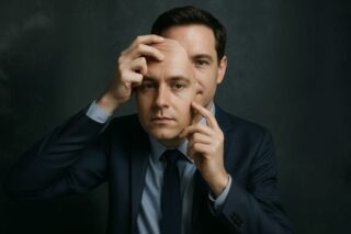 Mann nimmt seine Maske ab und zeigt, dass sein Auftreten Fake war.