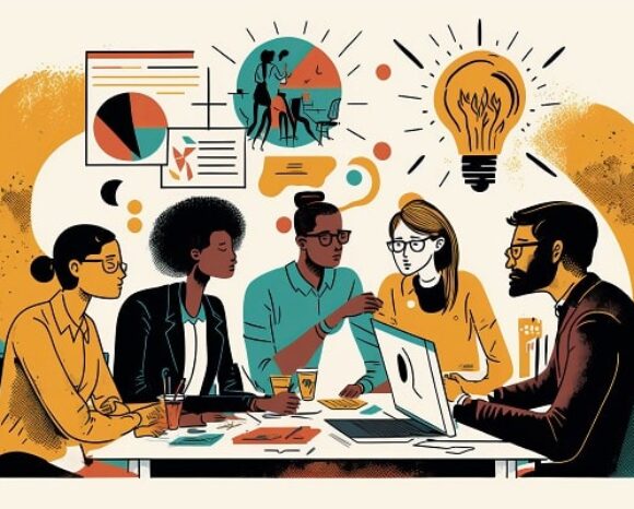 Junge Menschen aus der GenZ sitzen zusammen, diskutieren und bilden sich weiter beim Thema KI.