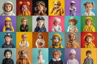 Kinder sind verkleidet und üben Zukunftsberufe aus.