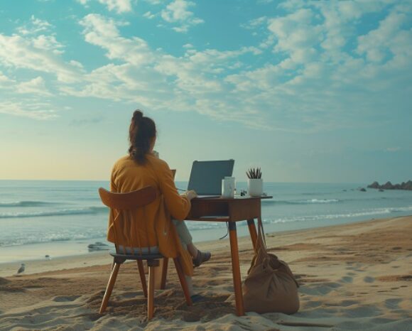 Frau arbeitet am Strand an einem Schreibtisch