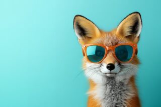 Fuchs mit roter Sonnenbrille vor türkisfarbenem Hintergrund