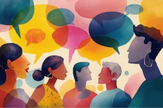 Verschiedene Menschen unterhalten sich in bunten Sprechblasen über Kultur und Kommunikation in Unternehmen.