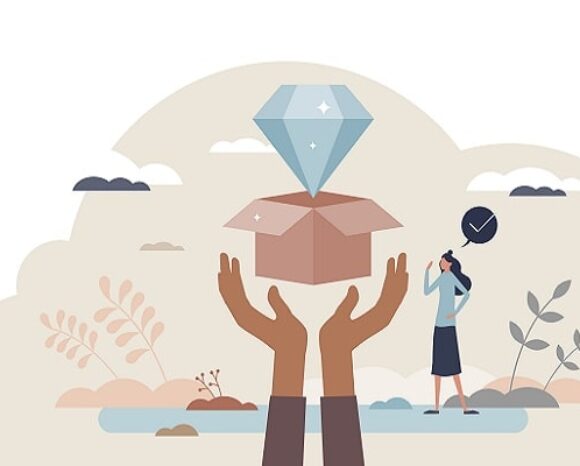 Hände heben eine Kiste hervor, aus denen ein Diamant emporsteigt