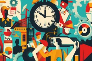 Menschen arbeiten nach Tarifvertrag unter einer großen Uhr