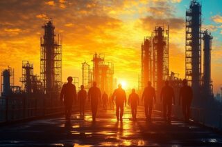 Arbeiter gehen dem Sonnenuntergang entgegen, rechts und links sind Industrietürme