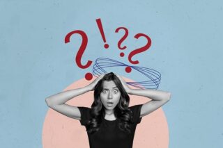 Frau mit Fragezeichen und Ausrufezeichen über dem Kopf ist im Dilemma.