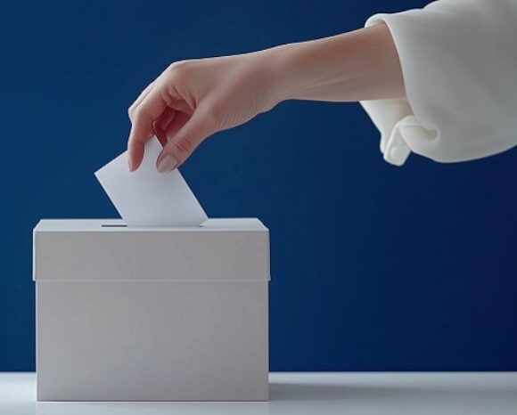 Hand wirft Zettel in eine Box bei Betriebsratswahl