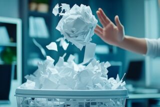 Hand wirft Papierkugel in Papierkorb