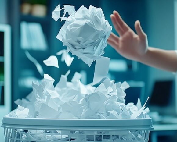 Hand wirft Papierkugel in Papierkorb