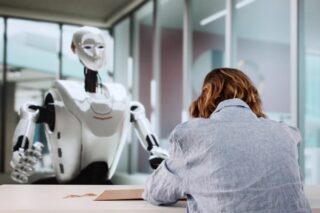 Frau sitzt im Bewerbungsgespräch mit Roboter/Künstlicher Intelligenz